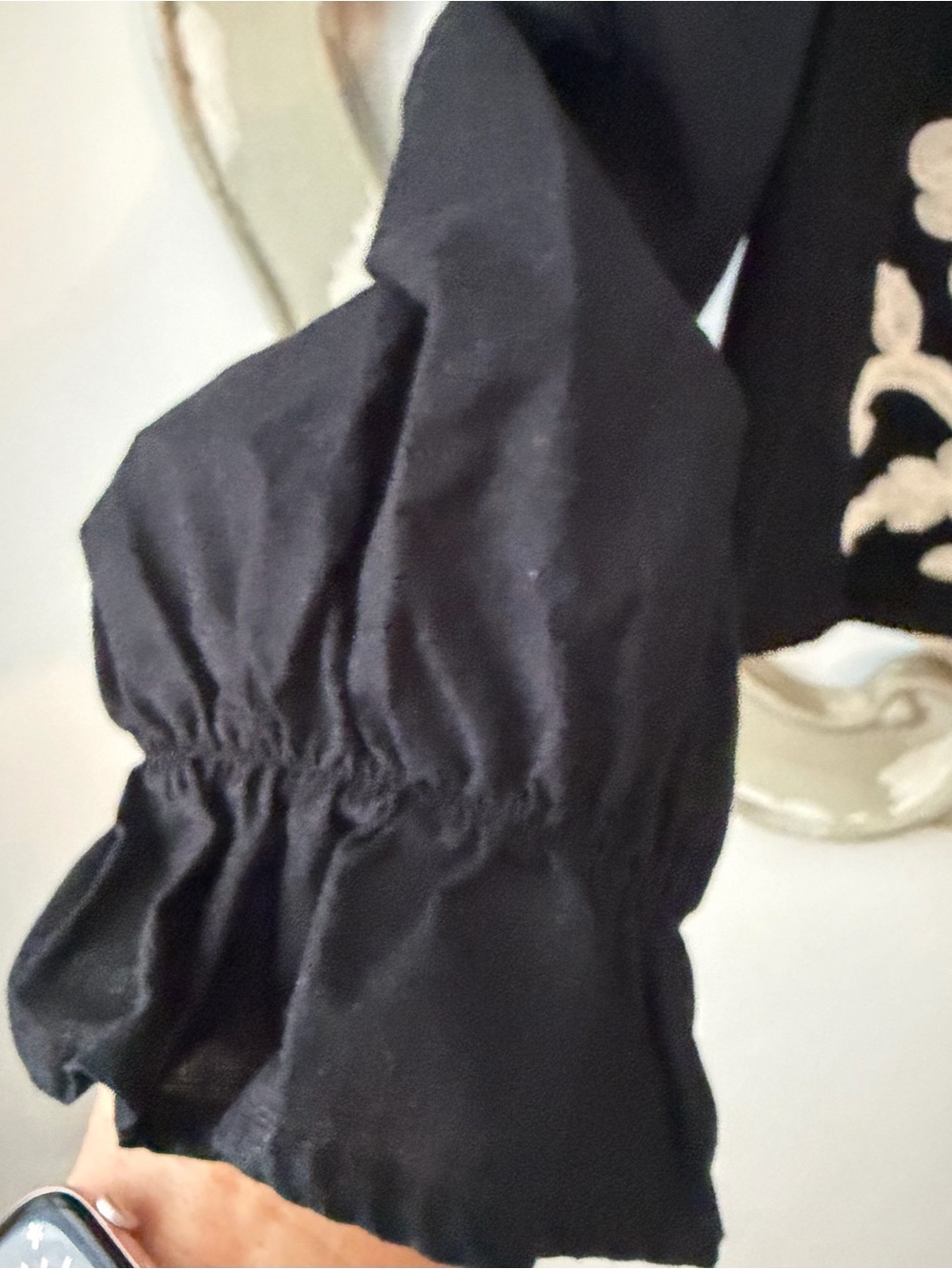 Black Embroidered Tie-Front Peasant Top Size Large - Picture 5 of 6
